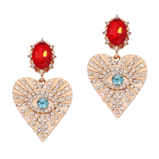 Stylish Heart-Shaped Eye Earrings with Sparkling Gemstones - Versatile, Chic, and Luxurious Casual Drop Earrings for Women