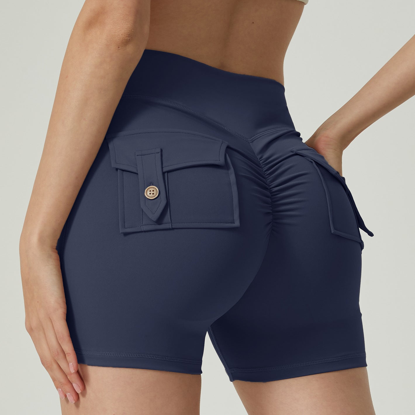 High Waisted Pocketed Yoga Shorts for Women Flattering Boosted Peach Butt No Show Thong Line for Gym and Outdoor Activities