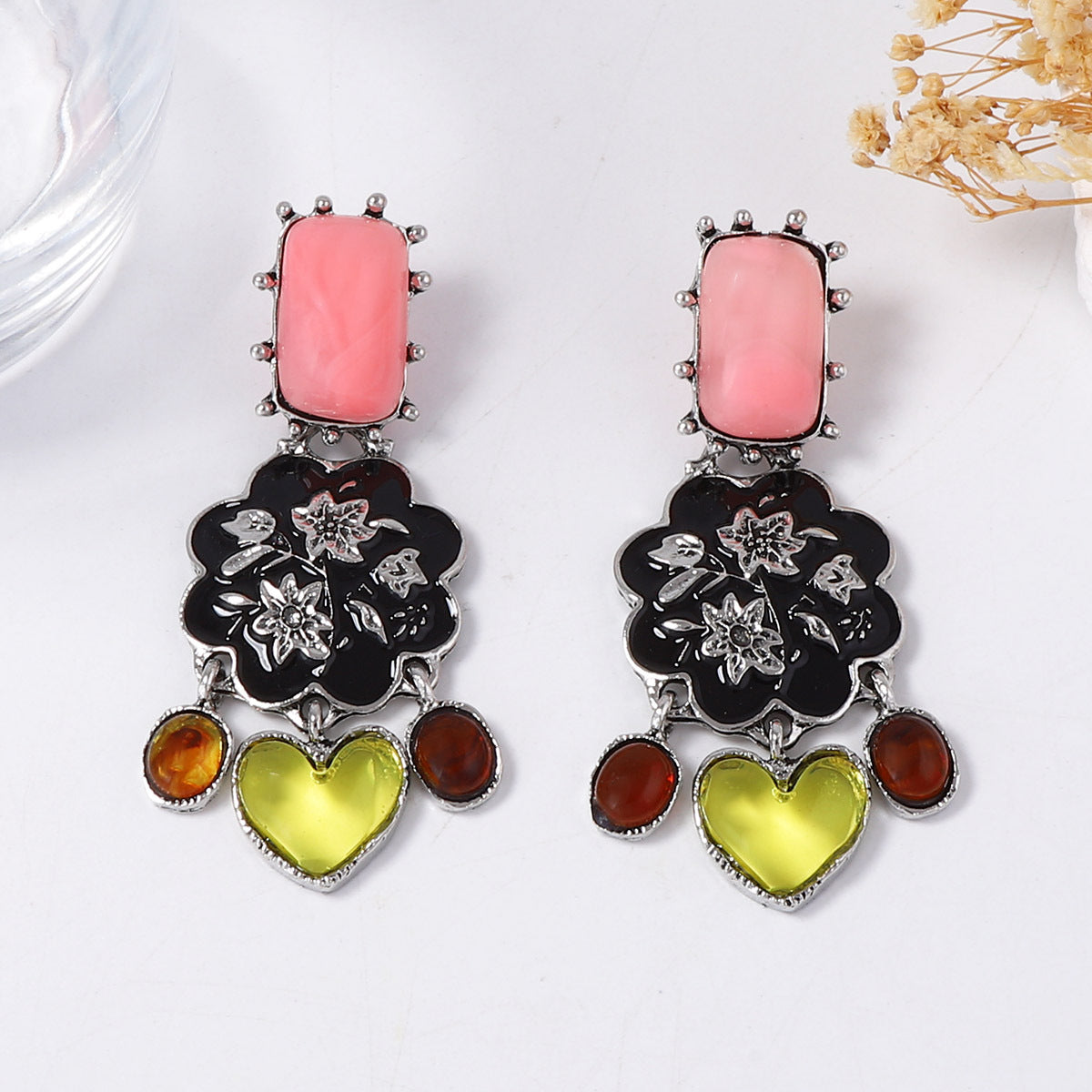 Bohemian Colorful Ethnic-Inspired Composite Gold Drip Oil Inlay Resin Flower Tassel Earrings for Women - Unique Handcrafted Jewelry for Every Occasion