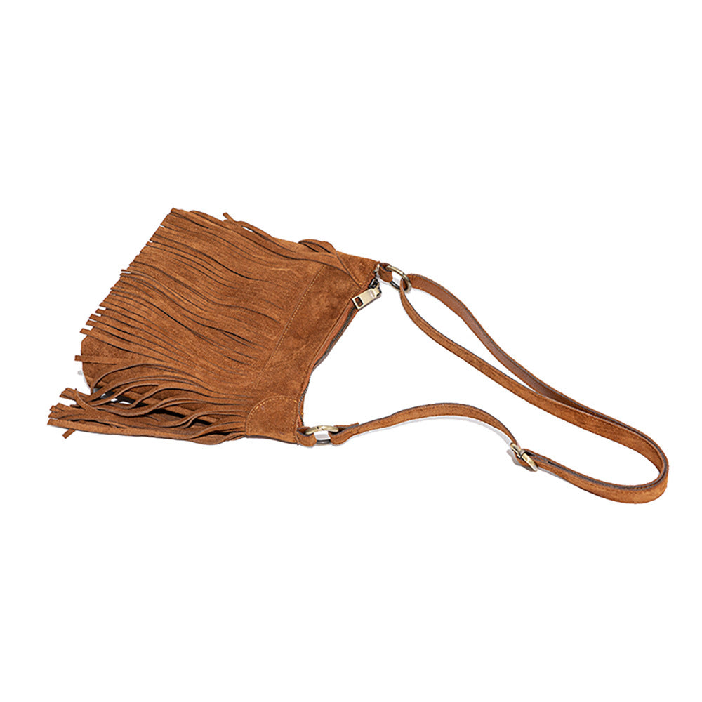 American Inspired Suede Tassel Crossbody Bag Vintage Genuine Leather Chic Shoulder Bag for Fashion Forward Women