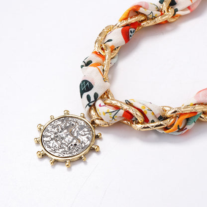 Trendy Personalized Silk Ribbon Chain Interwoven Sweet and Cool Alloy Badge Pendant Necklace - Affordable Luxury for Unique Style Lovers