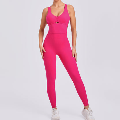 Autumn Winter Ruched Cut Out Yoga Jumpsuit with Flattering Back Design for Activewear Gym and Yoga Sessions