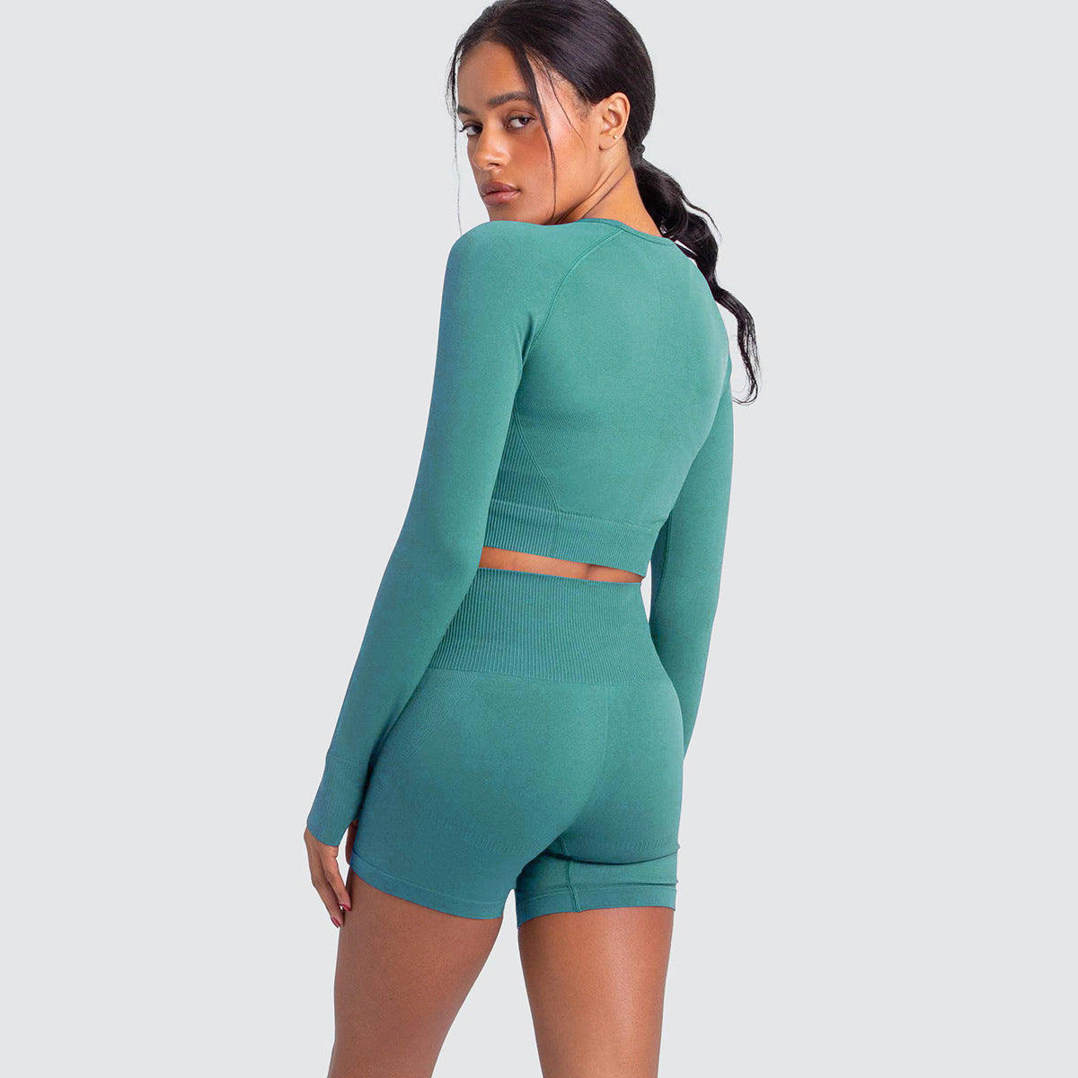 Seamless Knitted Stretch Yoga Set for Women Long Sleeve Tight Fitting High Waist Shorts Quick Dry Comfortable Activewear for Fitness and Gym Workouts