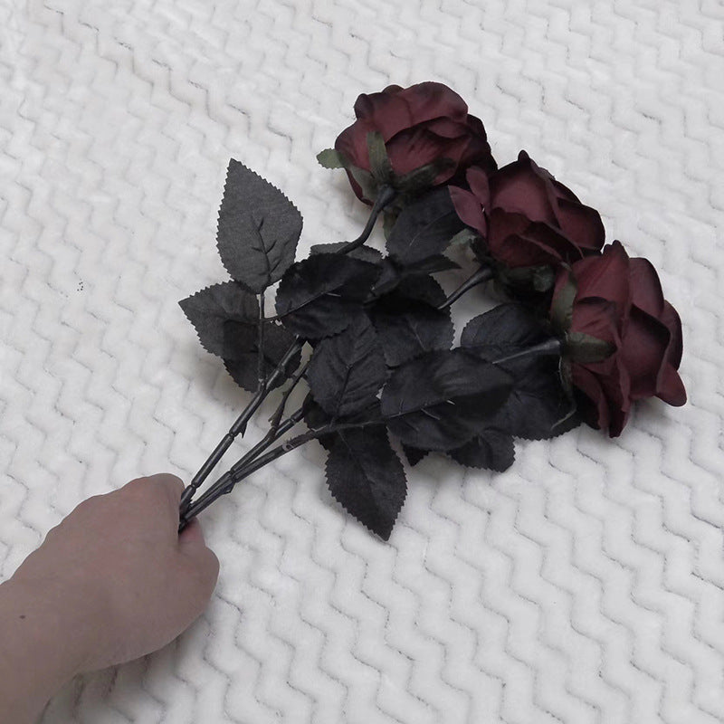 Realistic Dark Wine Red Rose Black Artificial Silk Flowers for Halloween Parties - Stunning Photography Decoration Props for Gothic-Themed Events