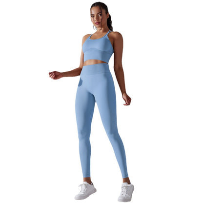 Seamless Solid Color Criss Cross Back Sports Bra and Yoga Top Set 3 Piece Women's Running and Fitness Outfit for Comfort and Style