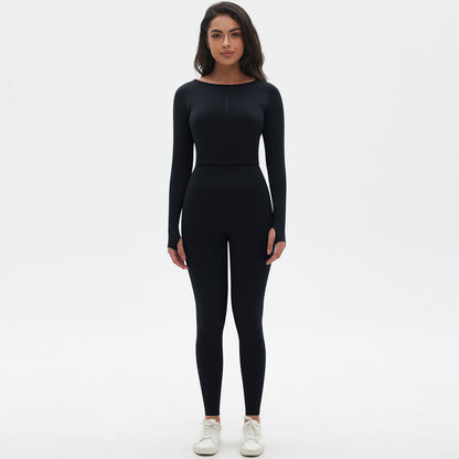 Seamless Solid Color Crew Neck Ruched Long Sleeve Yoga Set with High Waist Leggings for Peachy Two Piece Activewear Outfit