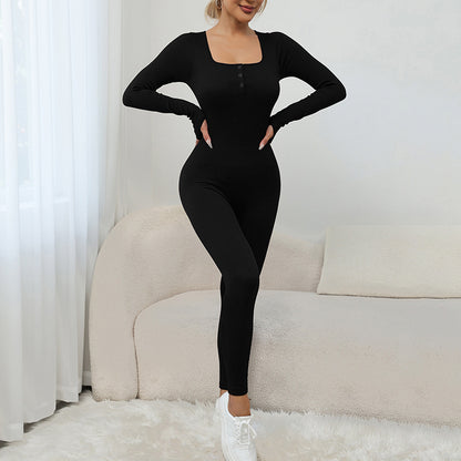 Square Neck Button Long Sleeve Jumpsuit for Women for Yoga Outdoor Training Dance and Fitness Peach Butt Lifting Workout Outfit