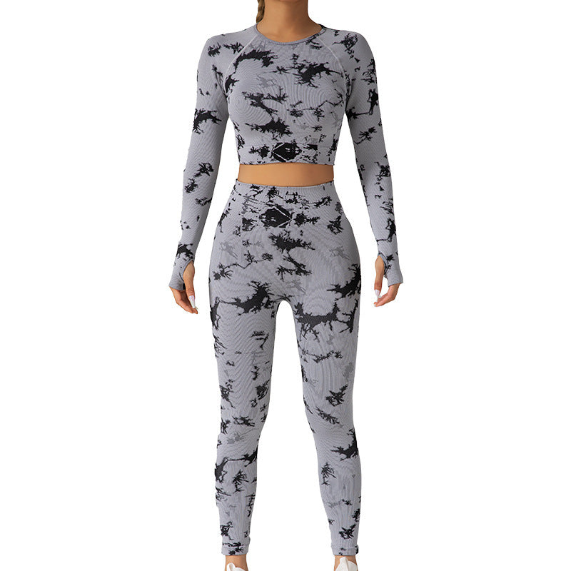 High Elastic Tie Dye Long Sleeve Activewear Set with Butt Lifting Yoga Pants for Running and Fitness for Every Workout