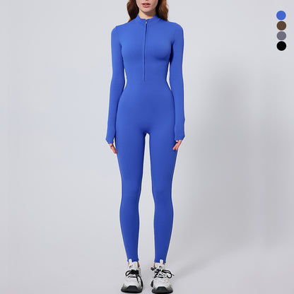 Women's Long Sleeve Yoga Jumpsuit for Outdoor Running Zip Up Fitness Bodysuit One Piece Activewear for Comfort and Performance