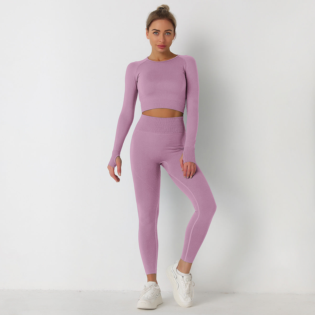 Seamless Solid Color Knit Long Sleeve Yoga Set with Full Length Pants Activewear for Fitness Gym and Outdoor Activities