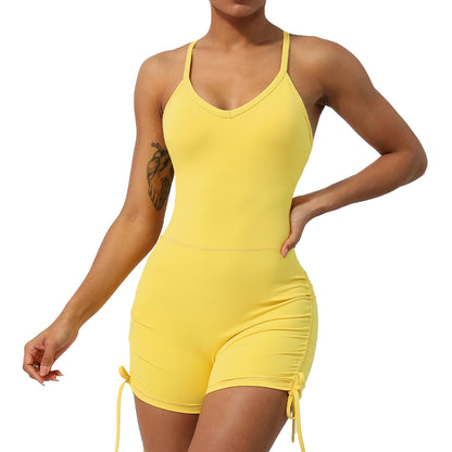 V Neck Sleeveless Yoga Romper with Cross Back Design Built in Bra Pads and Shorts for Fitness and Fashion Enthusiasts