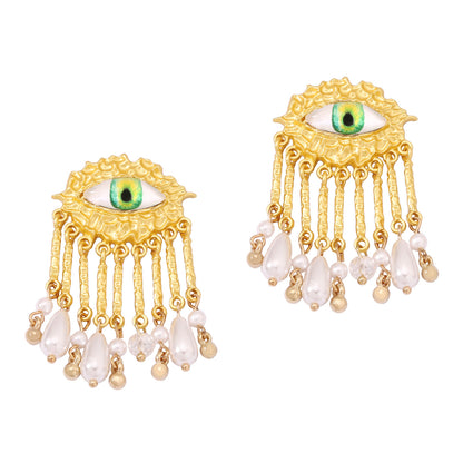 Chic Geometric Pearl Tassel Earrings with Eye Design - Elevate Your Style with Unique Textures and Stunning Elegance for Women