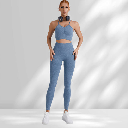 Seamless Yoga Outfit Set with Stunning Back Design High Waisted Butt Lifting Sports Leggings Supportive Workout Bra for Comfort and Style