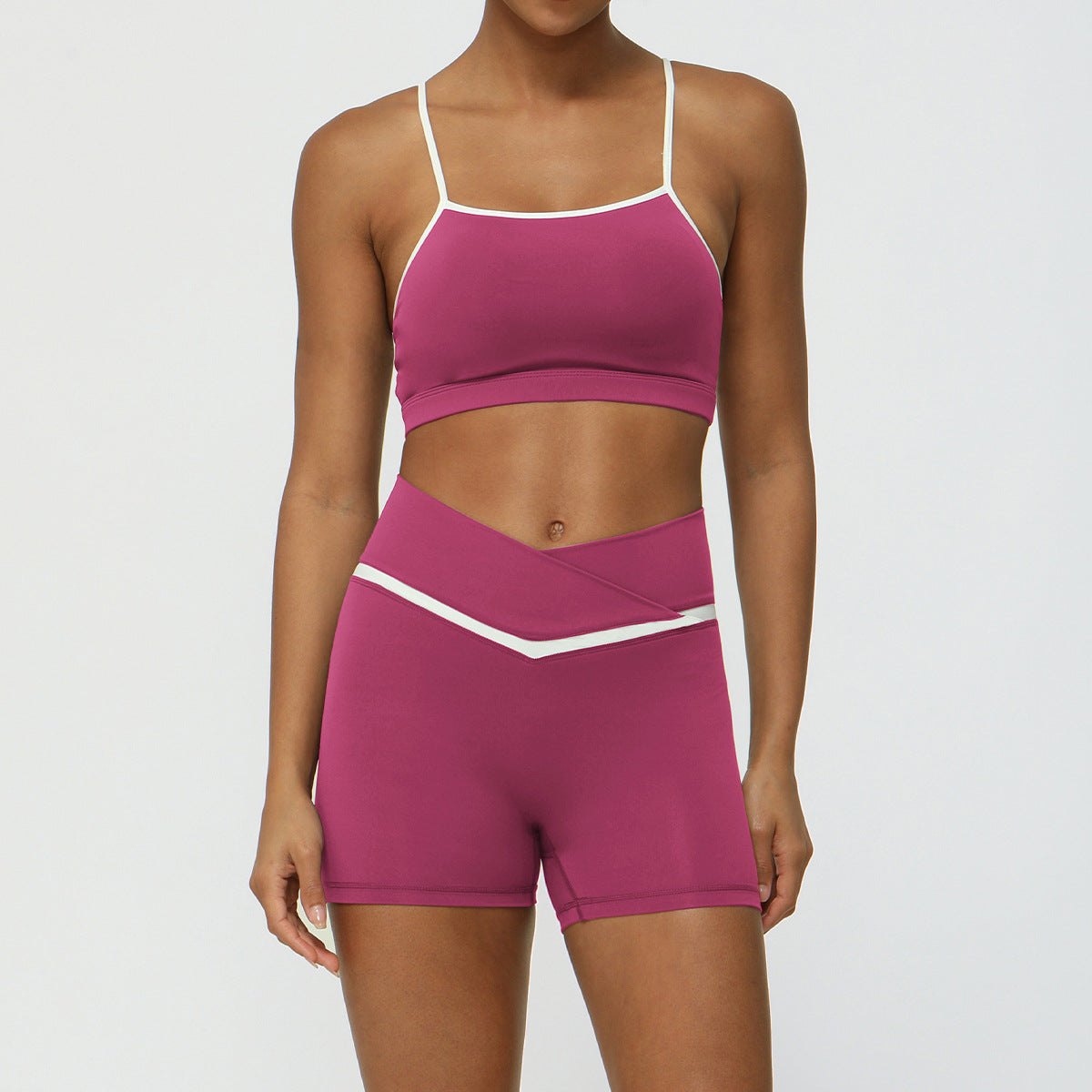 Color Contrast Yoga Set with Sleek Strappy Sports Bra and Cross V Waist Leggings for Fitness Enthusiasts and Active Lifestyles