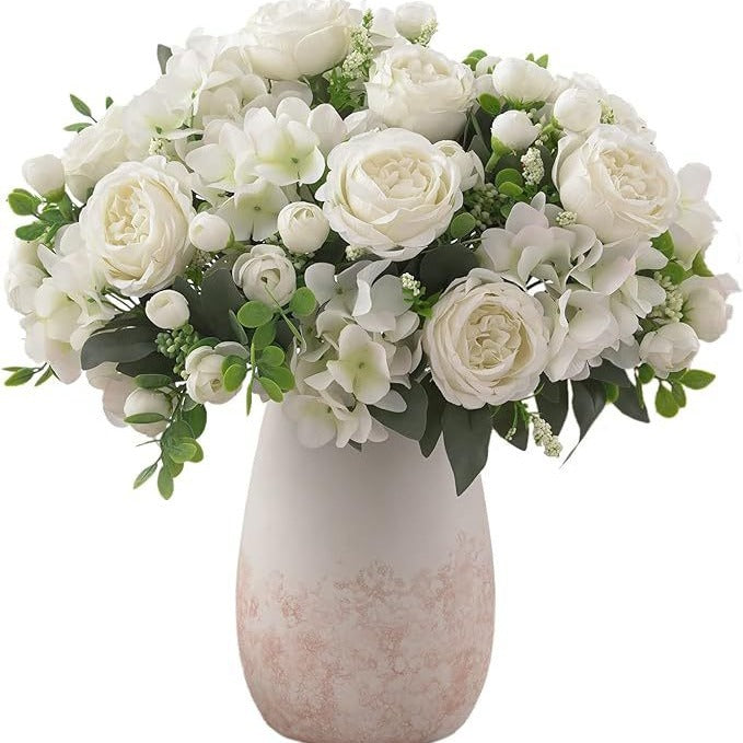 Beautifully Realistic Peony Flower Bud Bouquet for Home Décor – Perfect Silk Roses, Peonies, and Daisies Arrangement for Elegant Vase Display