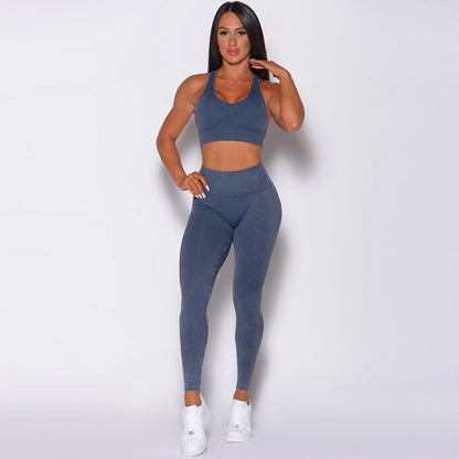 Seamless Sand Washed Yoga Outfit Set Women's Quick Dry Fitness Leggings and Supportive Sports Bra for Comfort and Performance