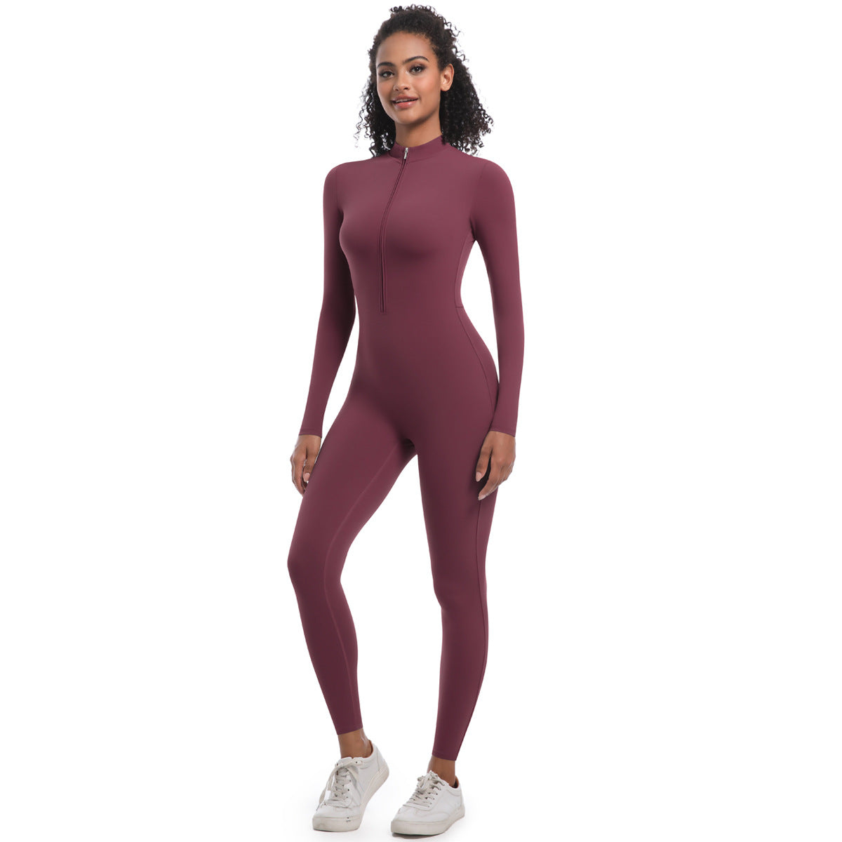 High Performance Zip Up Long Sleeve Yoga Bodysuit Workout Ensemble for Intense Running and Fitness with Design