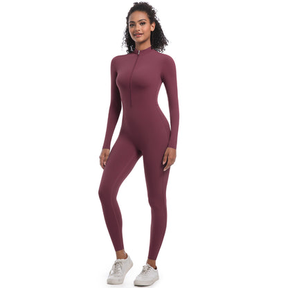 High Performance Zip Up Long Sleeve Yoga Bodysuit Workout Ensemble for Intense Running and Fitness with Design