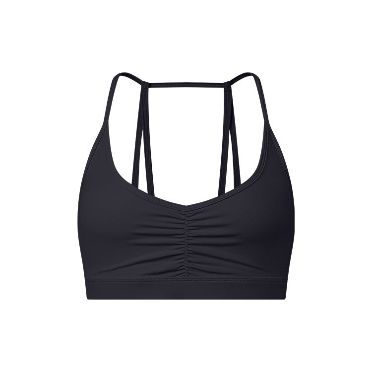 Neck Loop Sports Bra with Adjustable Thin Straps Unique Design Featuring Front Ruching for Flattering Shape and Comfortable Fit