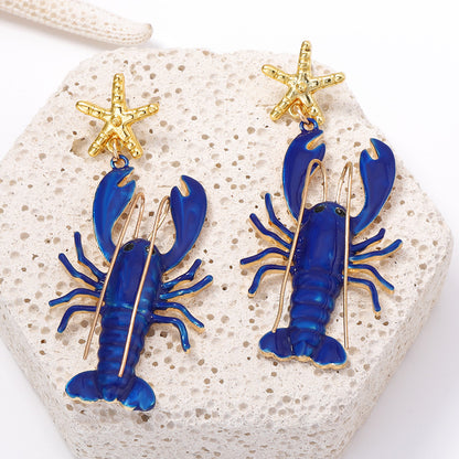 Stylish Coastal Beach Earrings with Unique Design – Long Mustache Painted Lobster & Starfish Dangle Earrings for Women