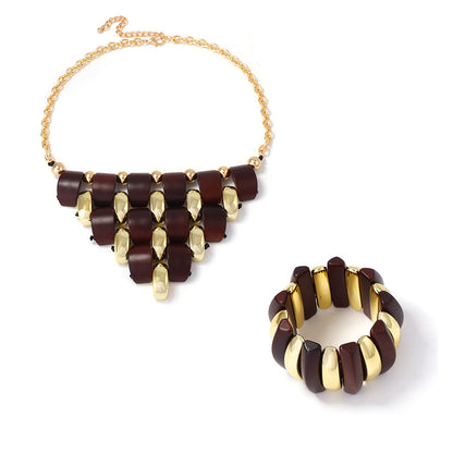 Unique Geometric 3D Wooden CCB Interlocking Triangle Pendant Necklace and Bracelet Set – Stylish, Handmade Jewelry for a Modern Look