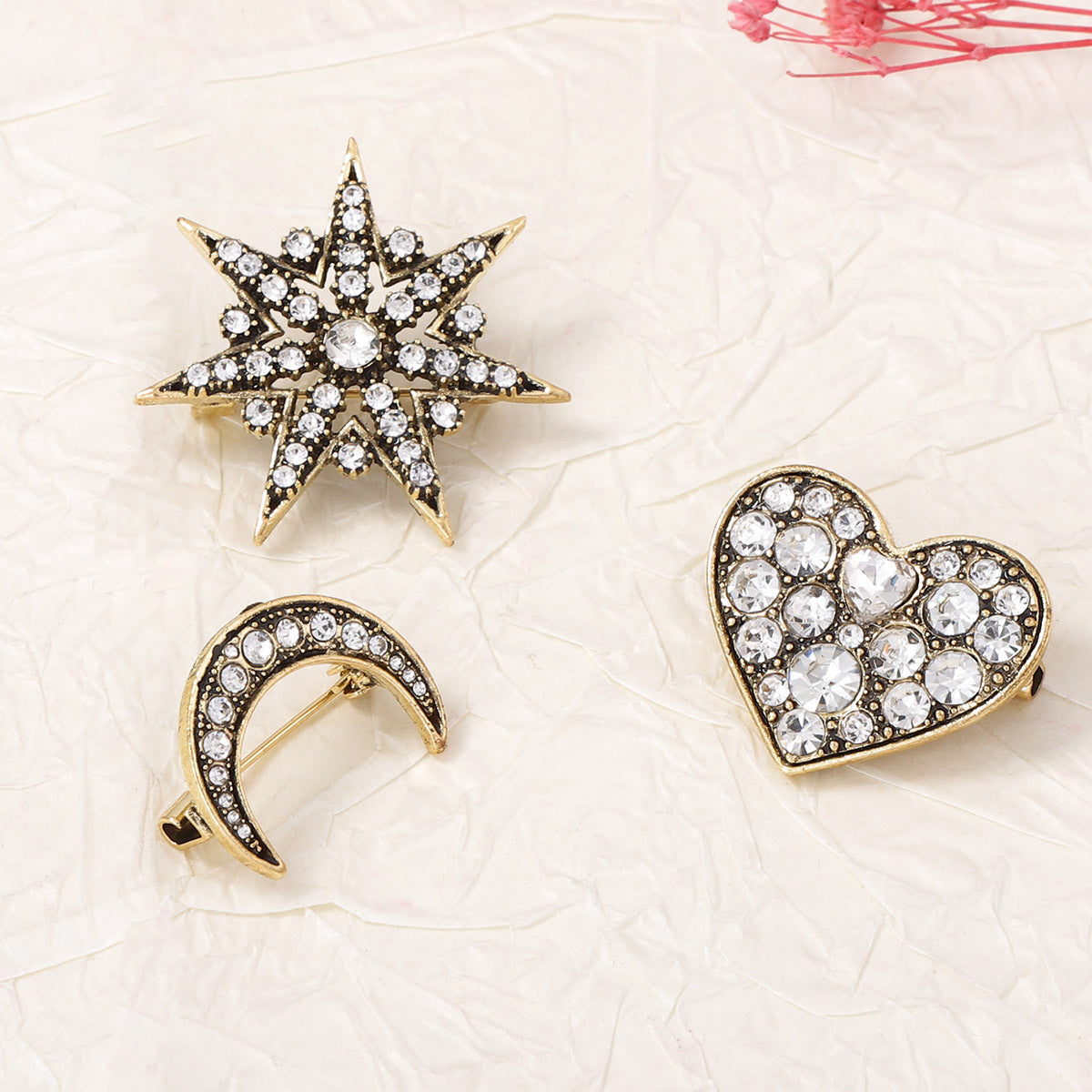 Elegant Minimalist Alloys Set of 3 Brooches Featuring Full-Crystal Stars and Moon for Women - Perfect Accessory for Any Occasion