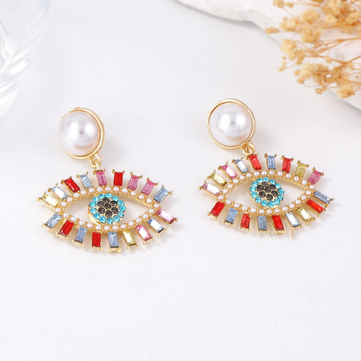 Chic Vintage-Inspired High-End Creative Design Alloy Full Rhinestone Evil Eye Faux Pearl Drop Earrings - Perfect for Every Occasion
