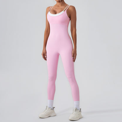 Two Piece Look Color Block Spaghetti Strap Sports Jumpsuit Yoga Bodysuit with Open Back for Outdoor Fitness and Active Wear