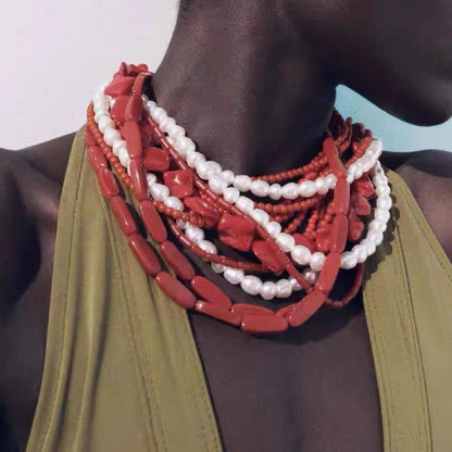 Gothic-Inspired Handmade Beaded Baroque Faux Pearl Multi-Layered Statement Necklace for Beach Fashion