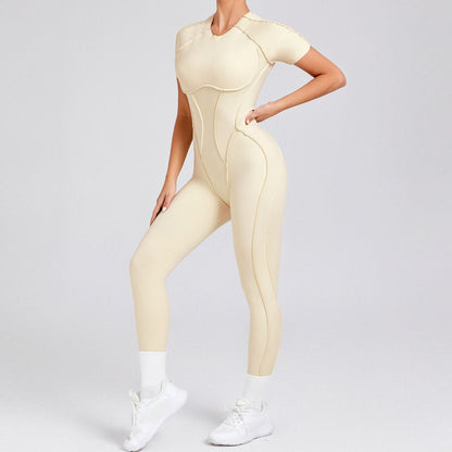 Women s Form Fitting Short Sleeve Bodysuit with Long Pants Sculpting and Breathable Yoga Outfit for Fall Winter with Stunning Open Back Design Model 88201