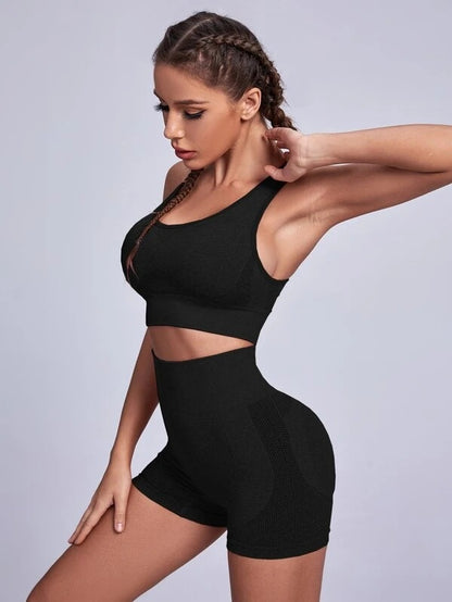 Seamless High Waisted Yoga Outfit for Women Butt Lifting Outdoor Sports Shorts with Supportive Anti Shock Sports Bra and Tank Top