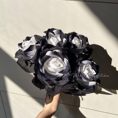 Stunning Faux Black Knight Rose Series – Crystal Ice Blue Ombre Silk Flowers for Halloween Decorations and Photography Props