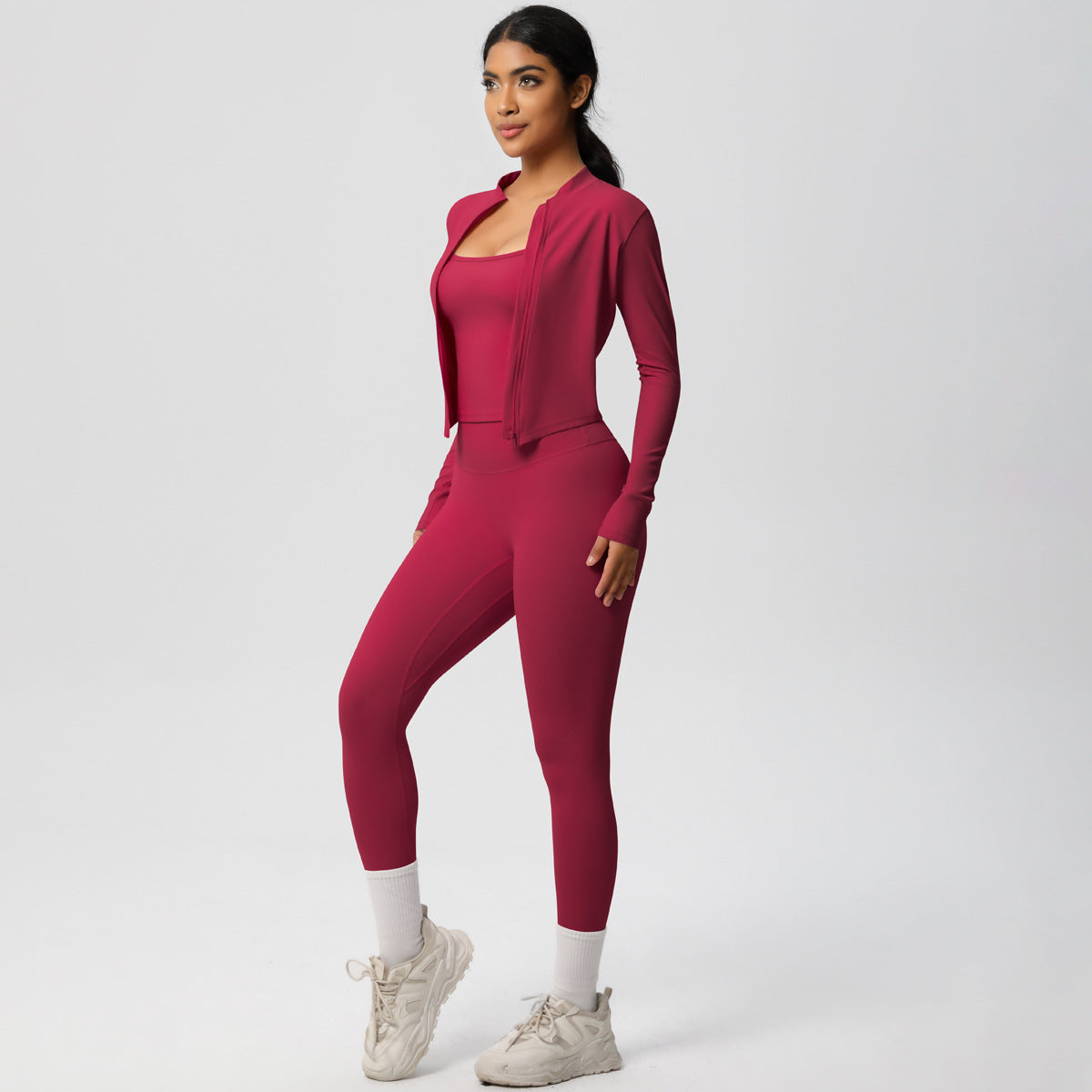 Solid Color Fleece Lined Long Sleeve Yoga Set Quick Dry Butt Lifting 3 Piece Workout Ensemble for Running and Gym Fitness