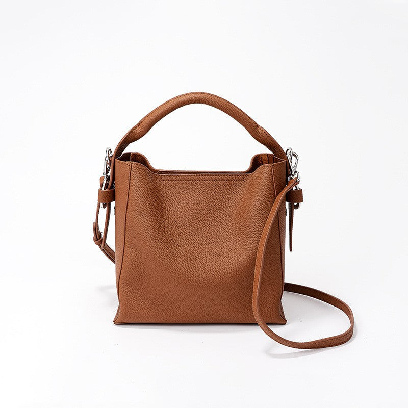 Genuine Leather Women's Bucket Bag First Layer Cowhide Unique Design Spacious Capacity Versatile Tote and Shoulder Bag