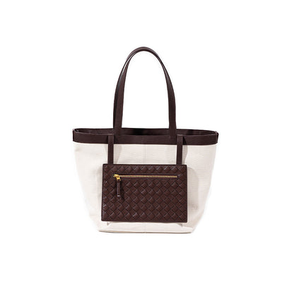 Chic Color Blocked Canvas Tote Bag Spacious Woven Shoulder Bag for Commuters Featuring Leather Accents for Women