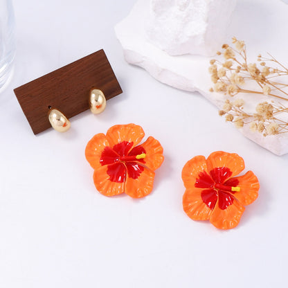 Bohemian Chic Fresh Countryside Style Minimalist Alloy Drop Oil Color Flower and Ring Earrings Set – Perfect for Everyday Wear and Special Occasions