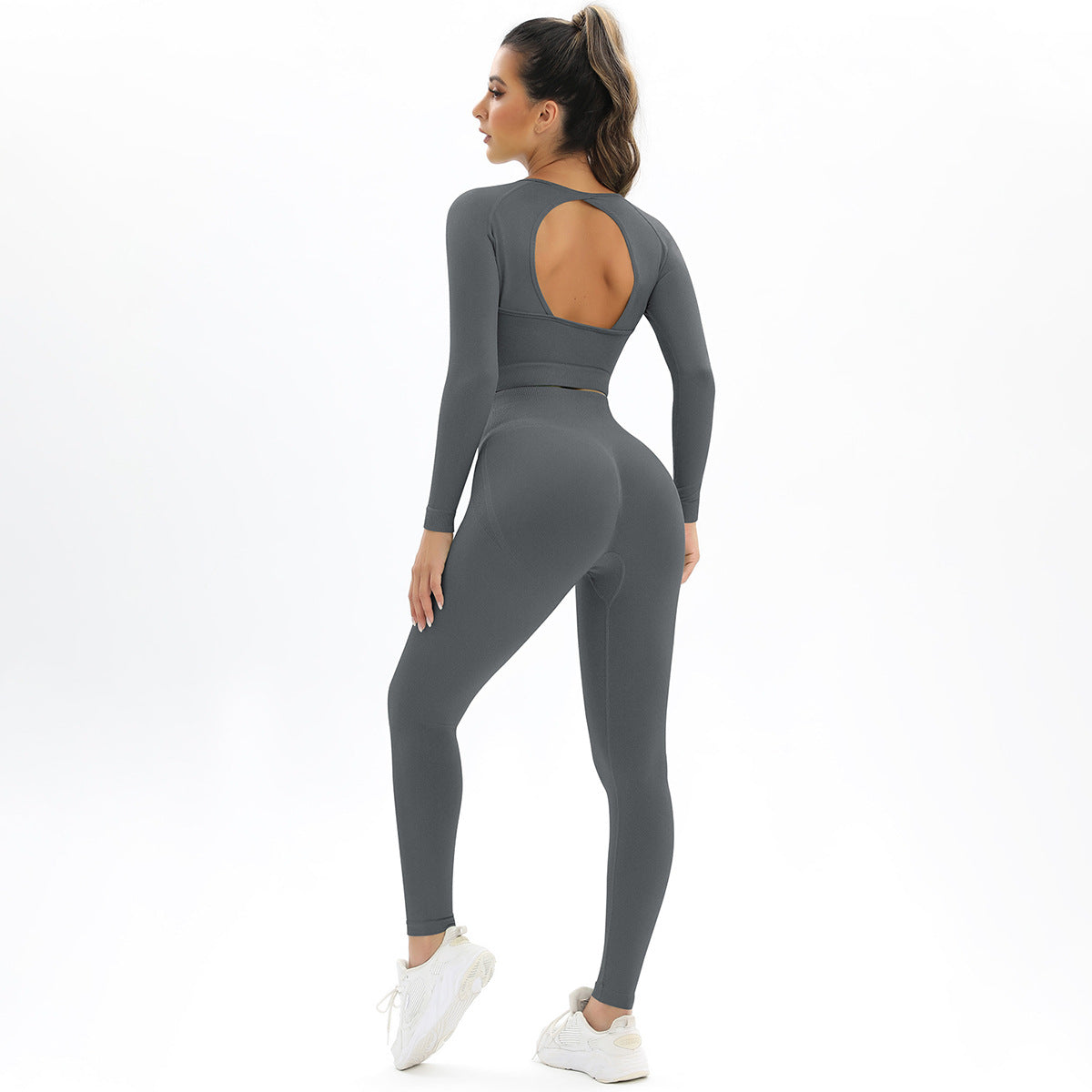 Peach Seamless Knitted Backless High Stretch Long Sleeve Yoga Set Women's 2 Piece Activewear for Running Fitness and Workout Comfort