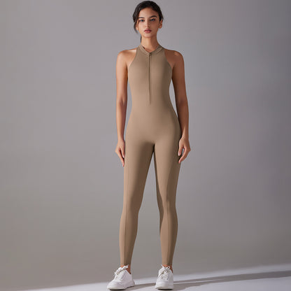 All in One Zippered Bodysuit for Women Breathable Hollow Back Yoga Outfit for Running and Gym Workouts