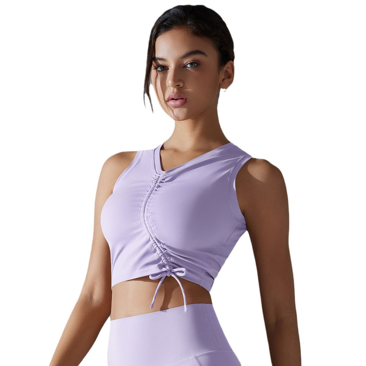 Solid Color High Elastic Long Compression Sports Bra with Drawstring for Running Fitness and Yoga