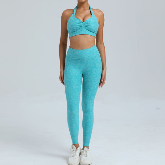 Fall Winter Yoga Outfit Set with Pockets V Waist Long Pants and Adjustable Neck Sports Bra for During Workouts