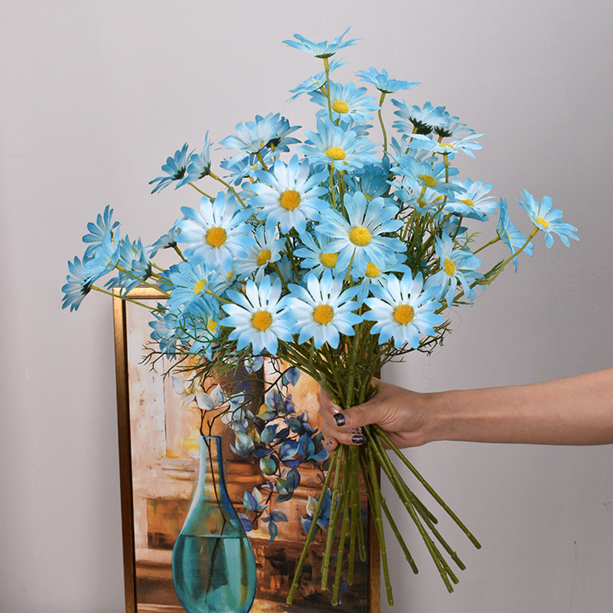 Realistic Light Blue Mini Daisy Silk Flowers – 4-Headed Dutch Flower Decorative Accents for Weddings, Home Decor, and Photography Props