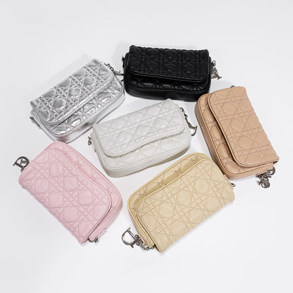 Luxury Korean Style Genuine Lambskin Quilted Chain Crossbody Bag Chic Handbag for Elegant Women Leather Mobile Phone Satchel