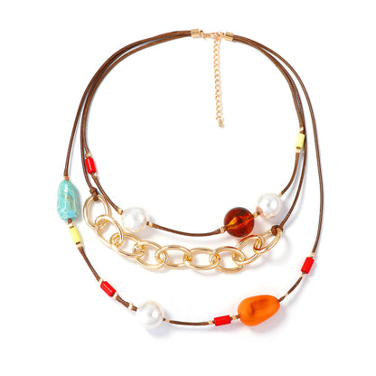 Stylish Layered Geometric Pearl and Resin Necklace with CCB and Leather String for Women - Perfect for Everyday Wear and Special Occasions