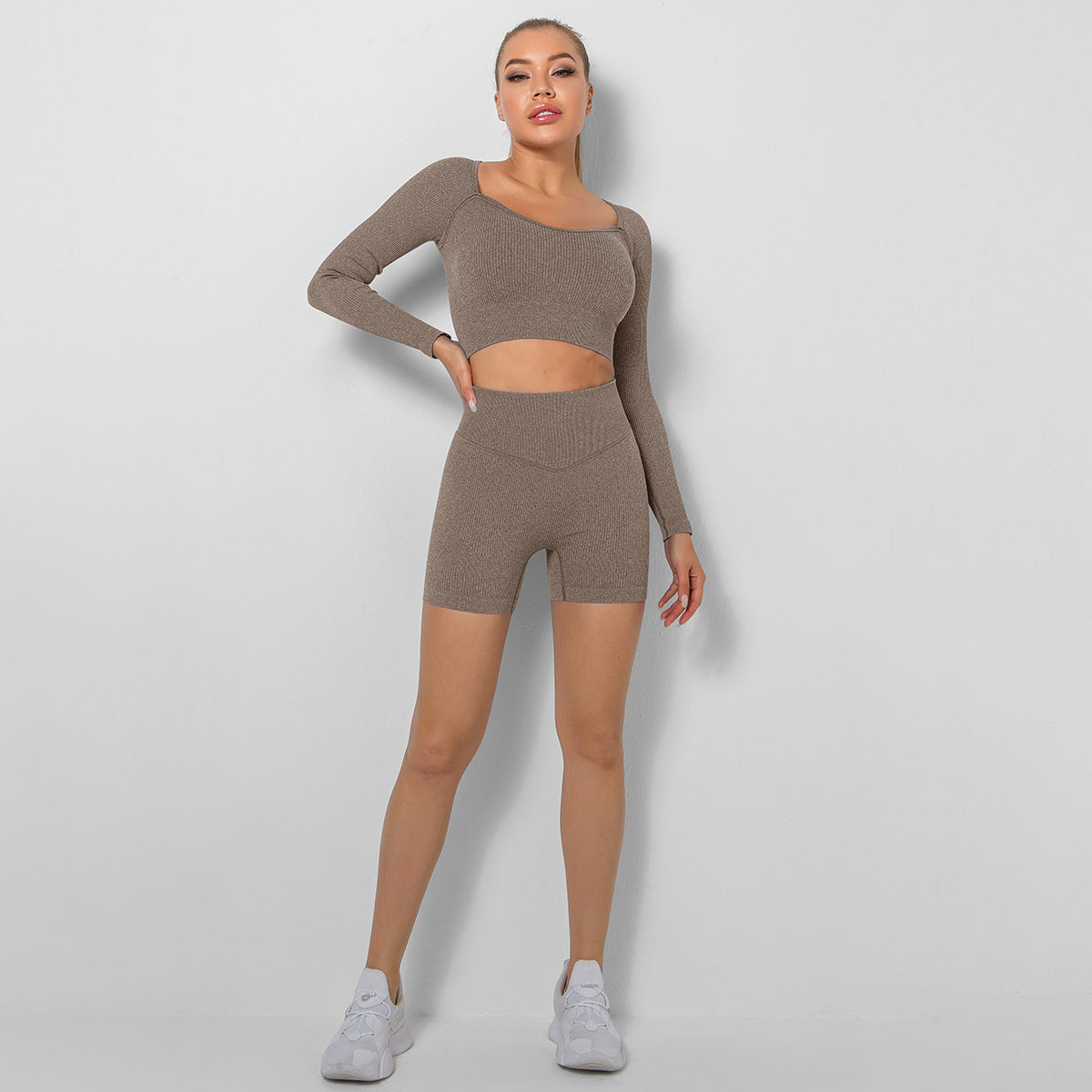 Seamless Ribbed Square Neck Long Sleeve Crop Top and Shorts Yoga Set for Women for Sports Running and Fitness Two Piece Activewear with Comfortable Stretch