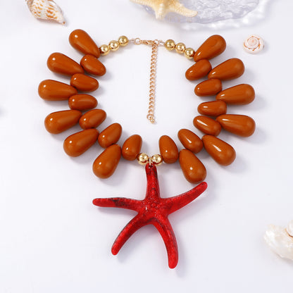 Vibrant Ocean-Inspired Holiday Necklace with Chunky Colorful Beads and Eye-Catching Starfish Pendant - Perfect for Women’s Summer Style