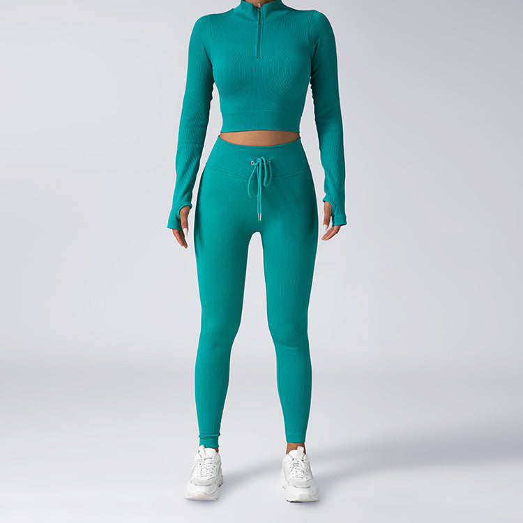 Chic Solid Color Zip Up Long Sleeve Fitness Set with Drawstring High Elastic Slim Fit Yoga Pants for Women for Fashionable Workouts and Daily Wear