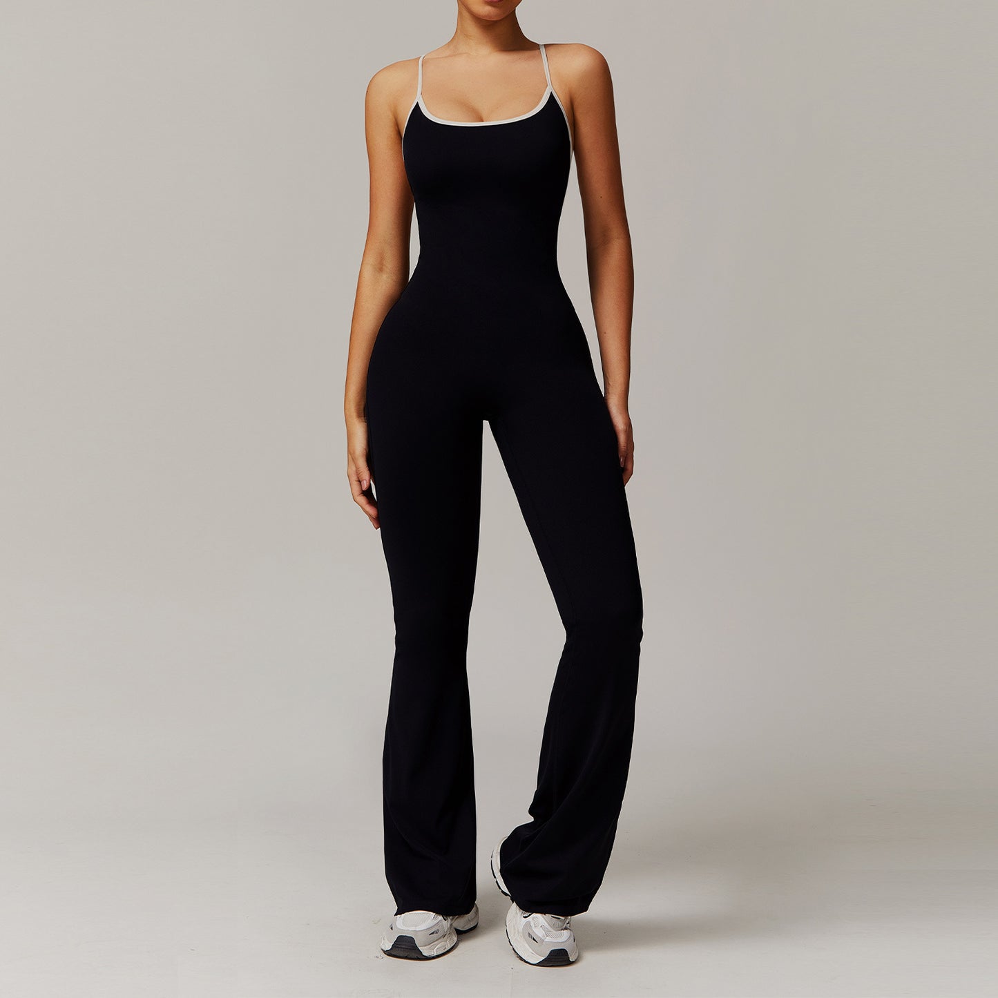 Cross Back Yoga Bodysuit with Pleated Details Flared Running and Fitness Jumpsuit for Comfort Performance