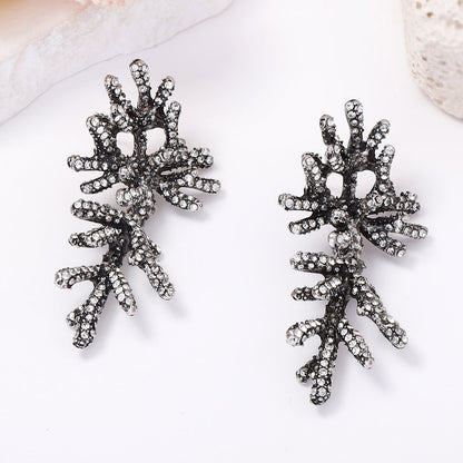 Stylish Allure: Unique Alloy Full-Diamond Coral Earrings for Women - Elegant, Versatile, and High-Quality Accessory Perfect for Any Occasion