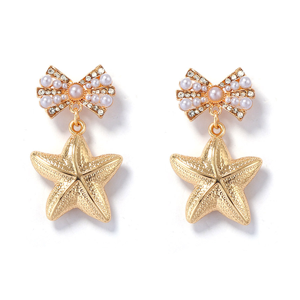 Chic Ocean-Inspired Alloy Earrings with Faux Pearl Bow and Star Design – Versatile Women's Accessories for Every Occasion