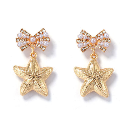 Chic Ocean-Inspired Alloy Earrings with Faux Pearl Bow and Star Design – Versatile Women's Accessories for Every Occasion